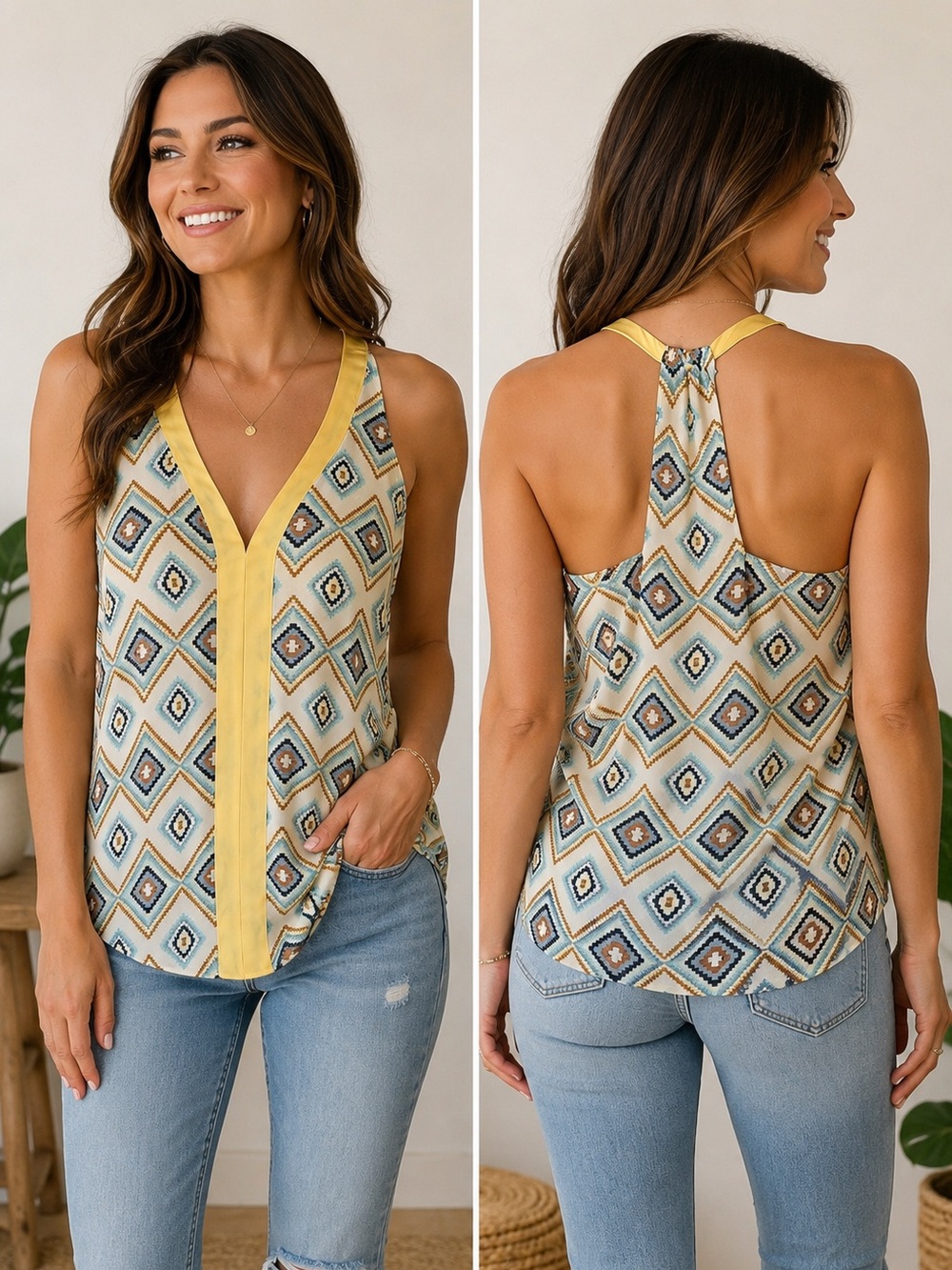 Love Stitch Medium Geometric Aztec Print Sleeveless Racerback Tank Blouse